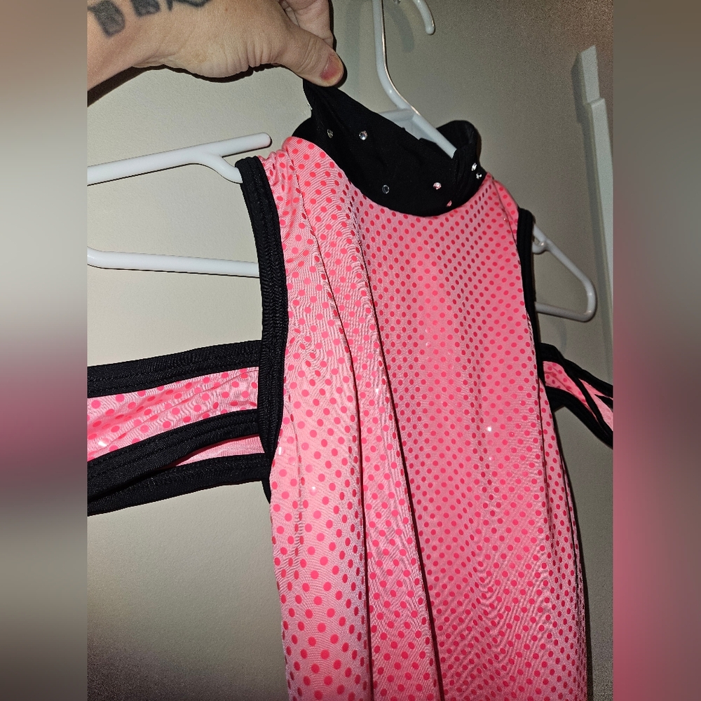 Pink Polka Dot Sleeveless Leotard Womens Small Black Rhinestone Glitter Costume - Picture 2 of 5
